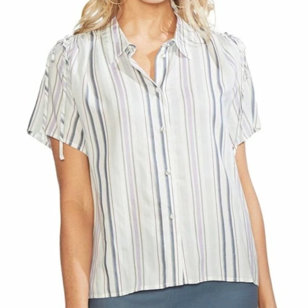 NEW NWT VINCE CAMUTO Stripe Drawstring Button Up Shirt Cream Ivory Green Purple